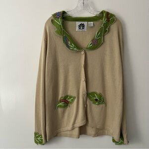 Vtg Storybook Knits Beaded Frog Bird Floral Bug Crochet Cardigan Sweater 2X